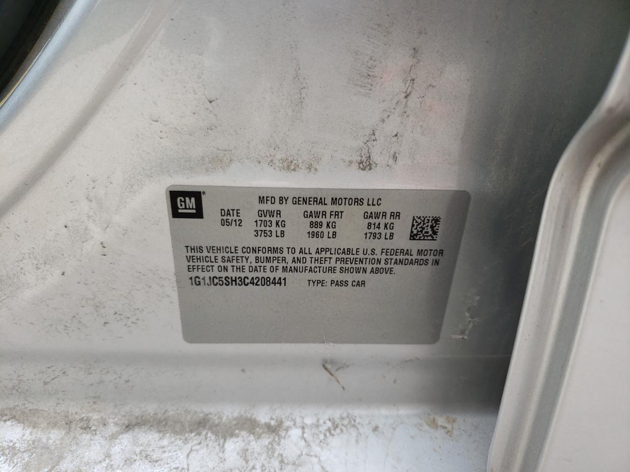 Photo 10 from auction – 2012 CHEVROLET SONIC LT with VIN 1G1JC5SH3C4208441