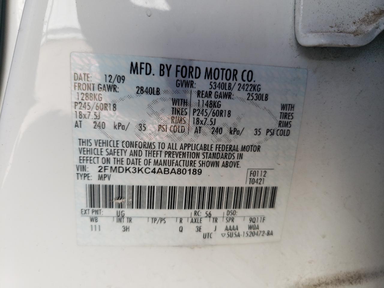 Photo 10 from auction – 2010 FORD EDGE LIMIT with VIN 2FMDK3KC4ABA80189