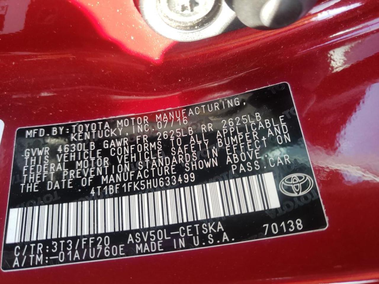 Photo 10 from auction – 2017 TOYOTA CAMRY LE with VIN 4T1BF1FK5HU633499