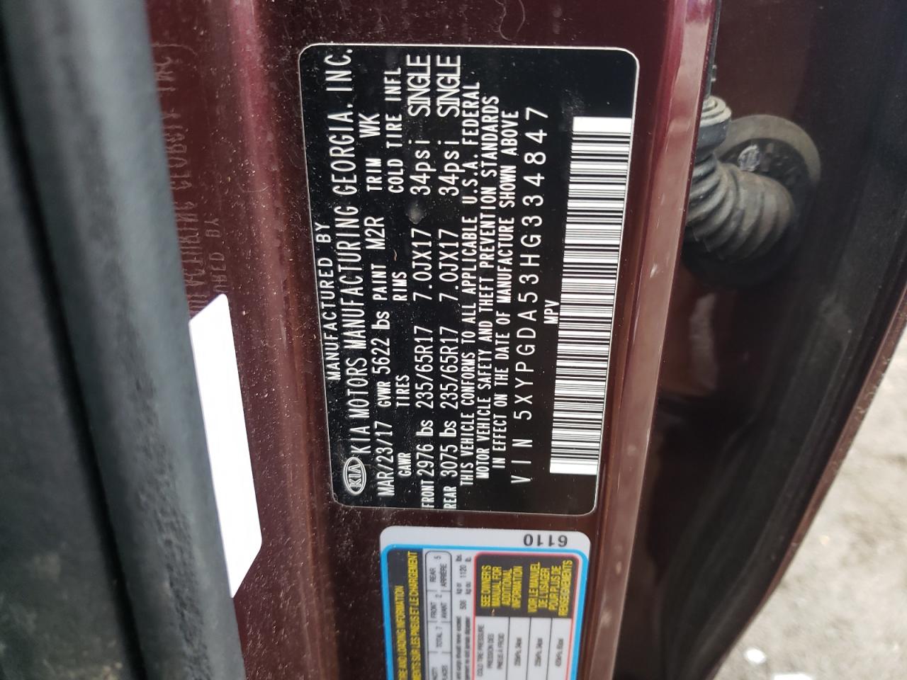 Photo 10 from auction – 2017 KIA SORENTO LX with VIN 5XYPGDA53HG334847