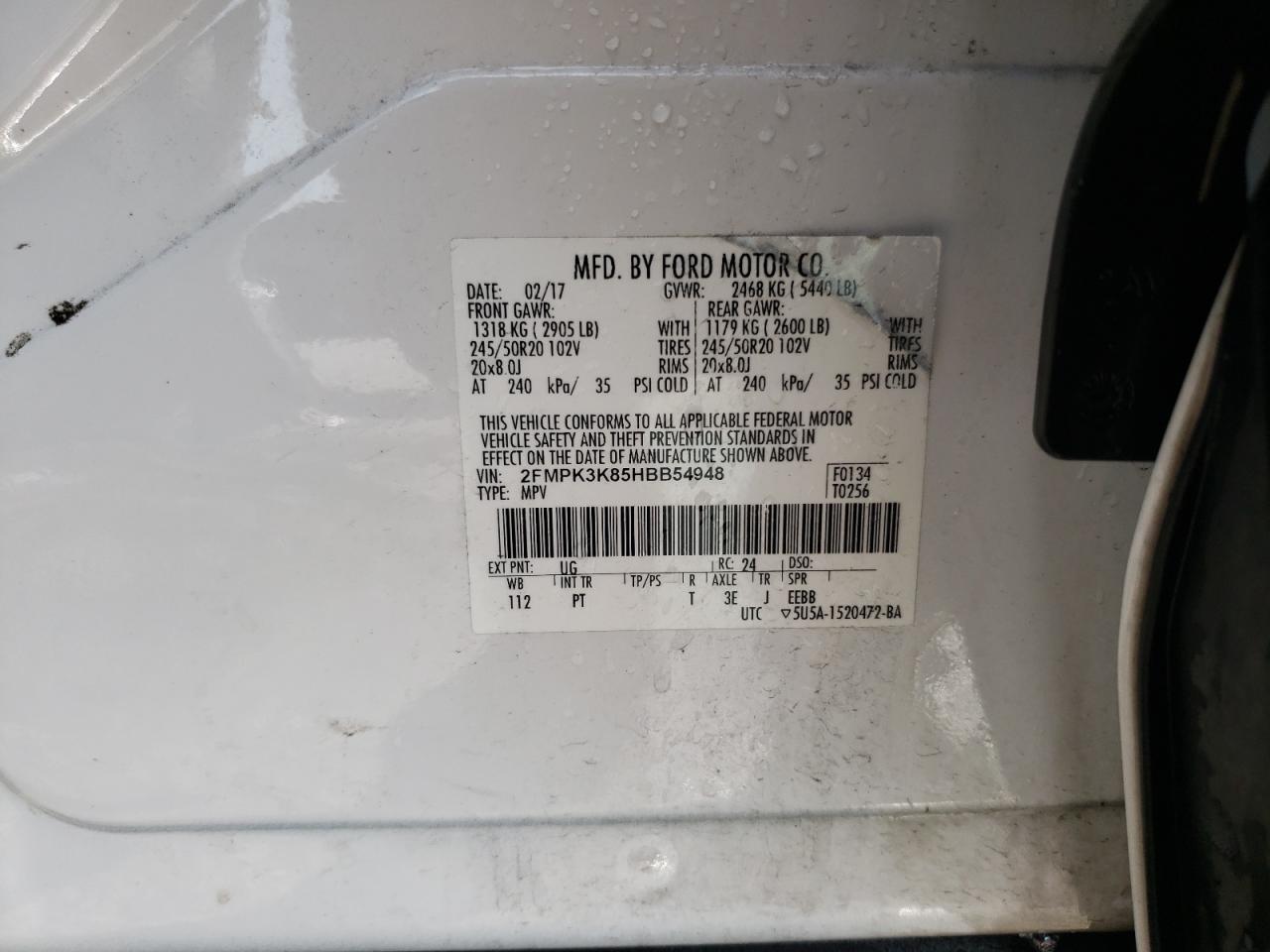 Photo 10 from auction – 2017 FORD EDGE TITAN with VIN 2FMPK3K85HBB54948