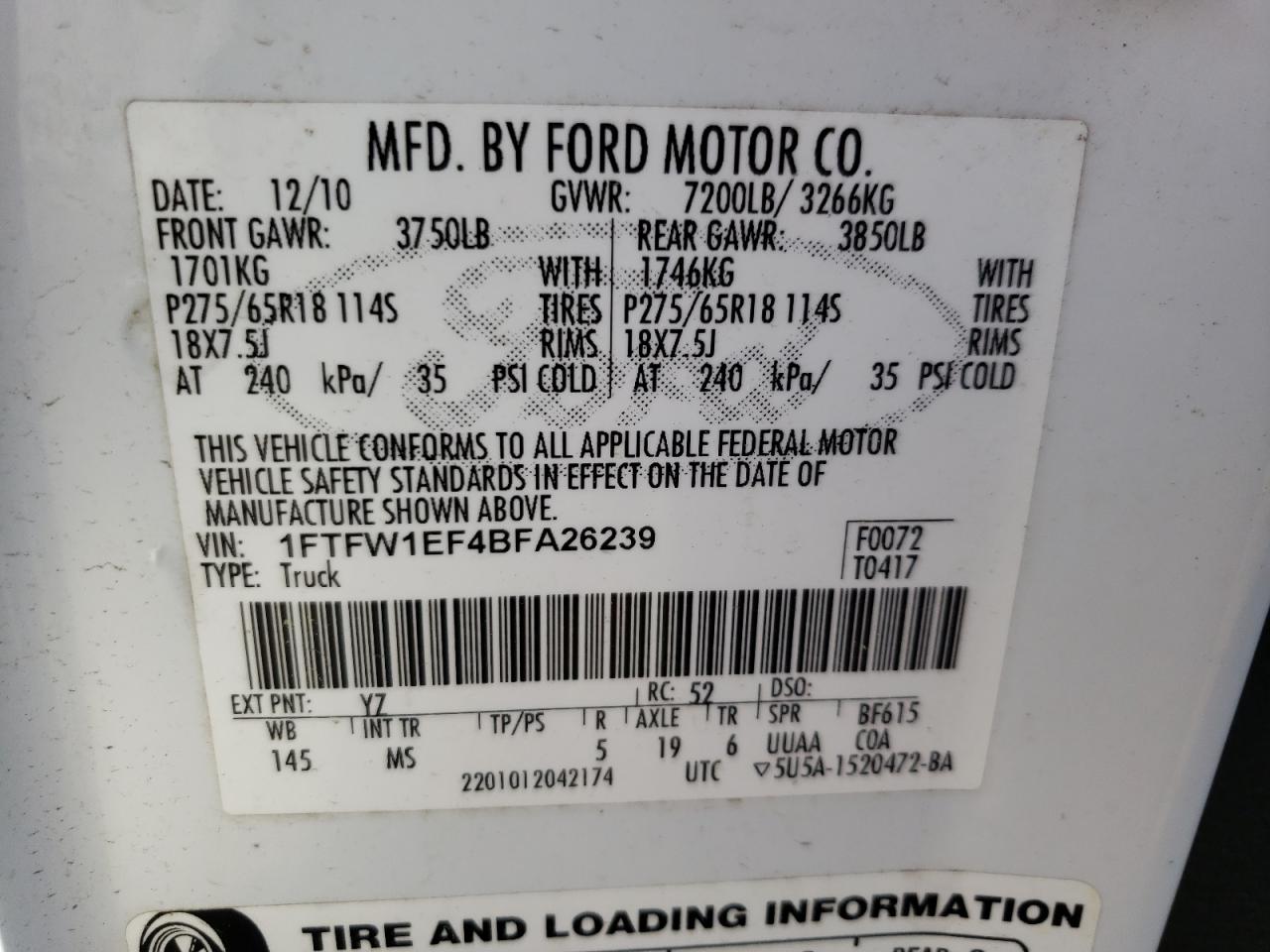 Photo 10 from auction – 2011 FORD F150 SUPER with VIN 1FTFW1EF4BFA26239