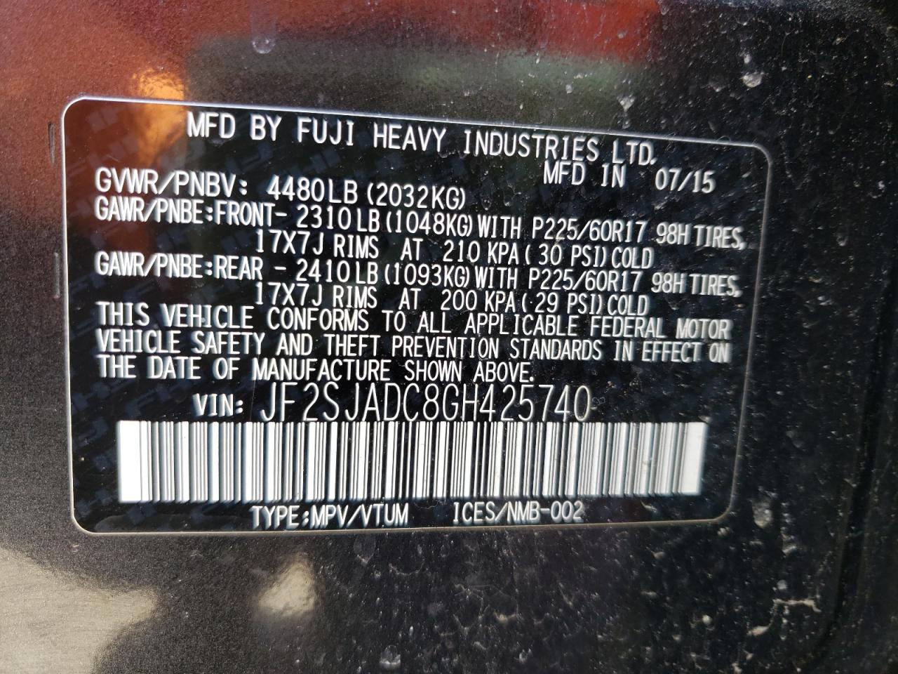Photo 10 from auction – 2016 SUBARU FORESTER 2 with VIN JF2SJADC8GH425740