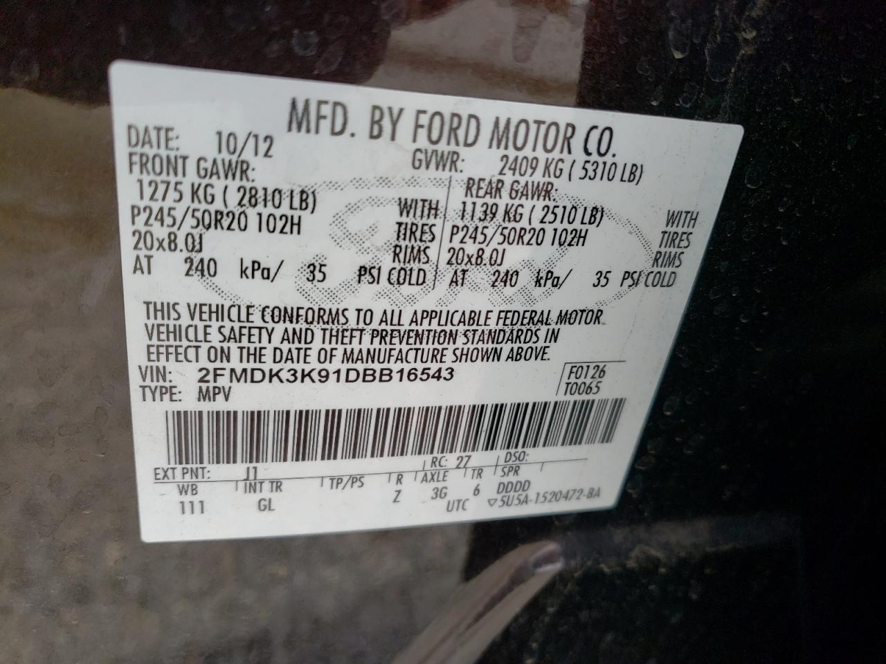 Photo 10 from auction – 2013 FORD EDGE LIMIT with VIN 2FMDK3K91DBB16543