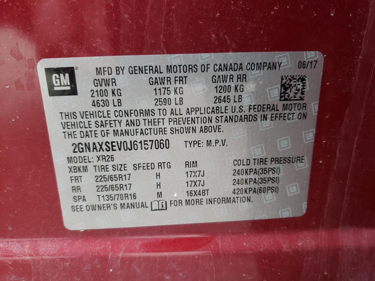 Photo 10 from auction – 2018 CHEVROLET EQUINOX LT with VIN 2GNAXSEV0J6157060