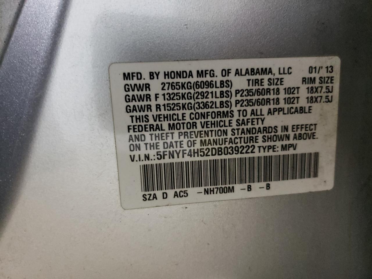 Photo 10 from auction – 2013 HONDA PILOT EXL with VIN 5FNYF4H52DB039222