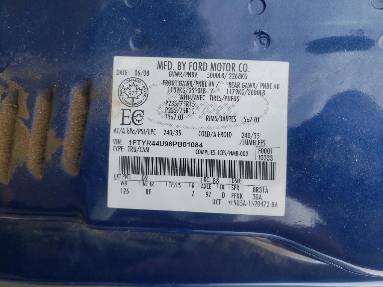Photo 10 from auction – 2008 FORD RANGER SUP with VIN 1FTYR44U98PB01084