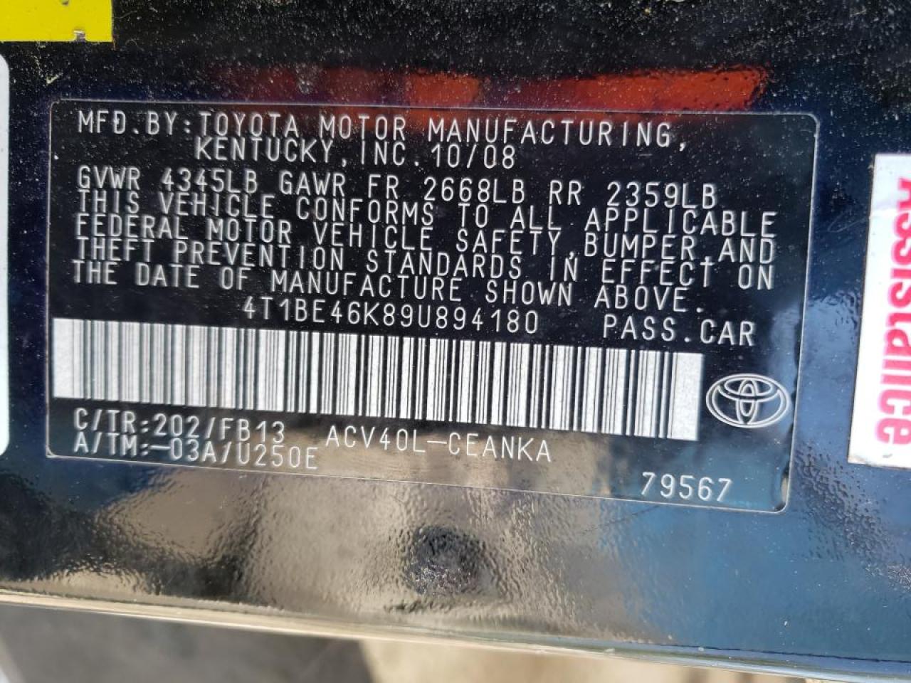 Photo 10 from auction – 2009 TOYOTA CAMRY BASE with VIN 4T1BE46K89U894180