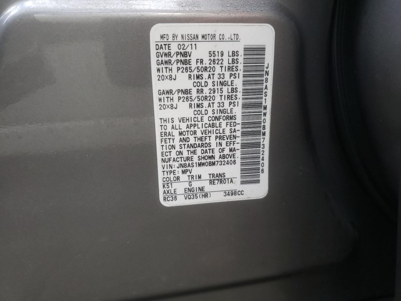 Photo 10 from auction – 2011 INFINITI FX35 with VIN JN8AS1MW0BM732406