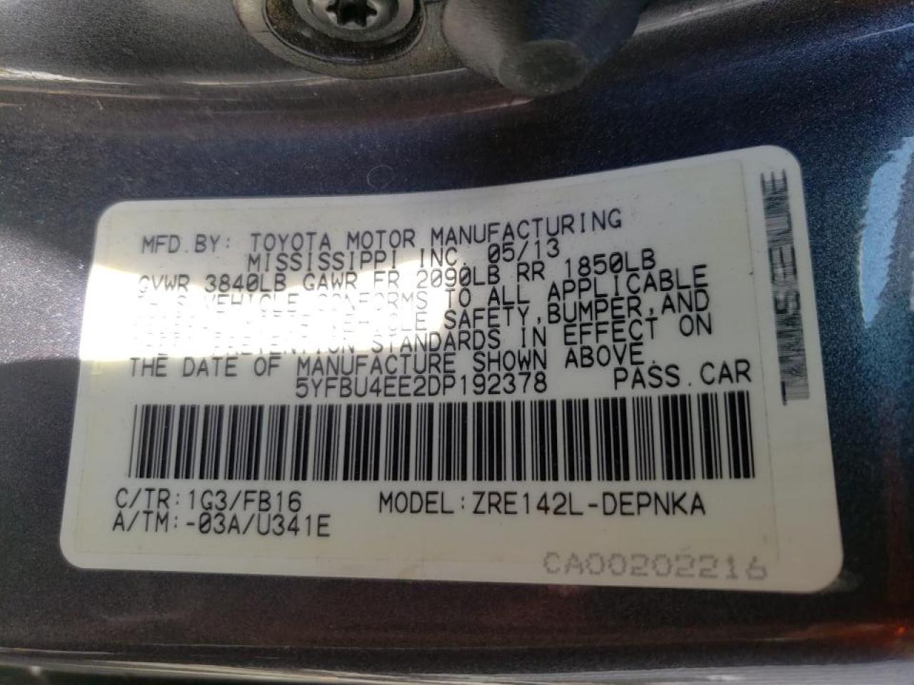 Photo 10 from auction – 2013 TOYOTA COROLLA BA with VIN 5YFBU4EE2DP192378