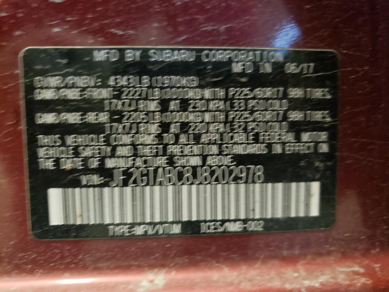 Photo 10 from auction – 2018 SUBARU CROSSTREK with VIN JF2GTABC8J8202978