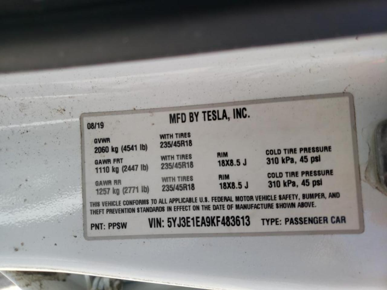 Photo 10 from auction – 2019 TESLA MODEL 3 with VIN 5YJ3E1EA9KF483613