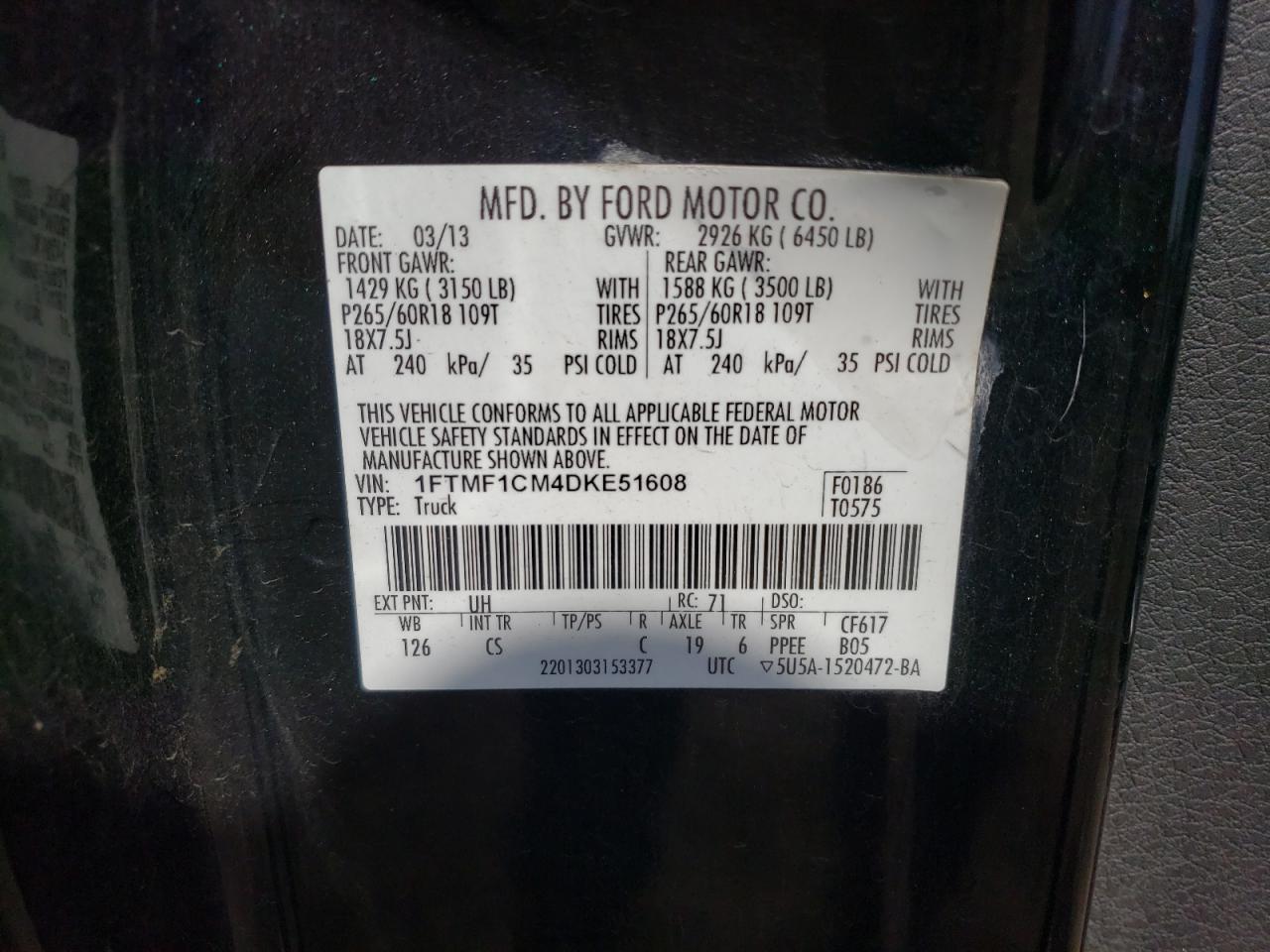 Photo 10 from auction – 2013 FORD F150 with VIN 1FTMF1CM4DKE51608