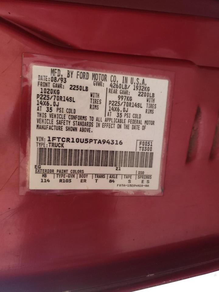 Photo 10 from auction – 1993 FORD RANGER with VIN 1FTCR10U5PTA94316