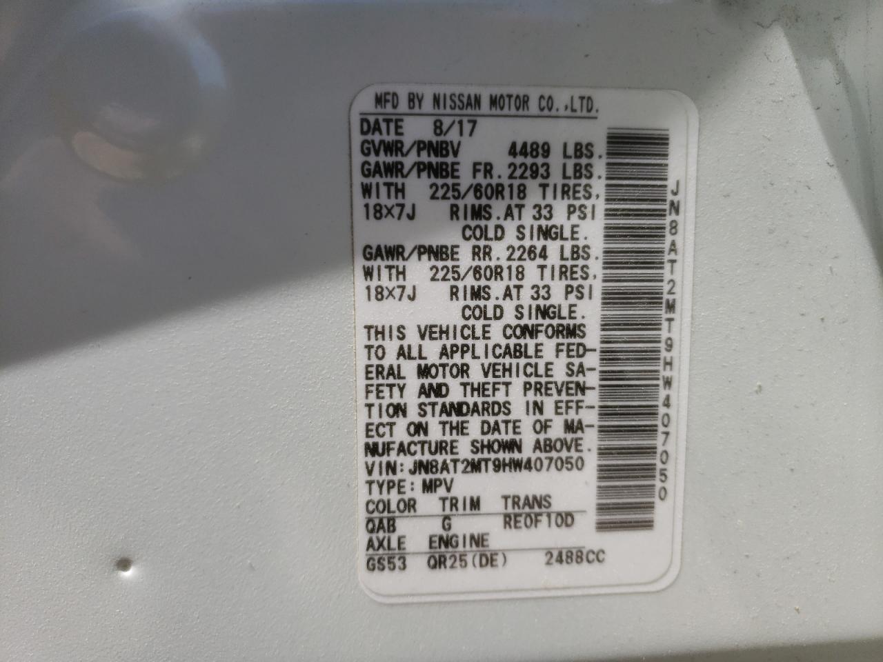 Photo 10 from auction – 2017 NISSAN ROGUE S with VIN JN8AT2MT9HW407050