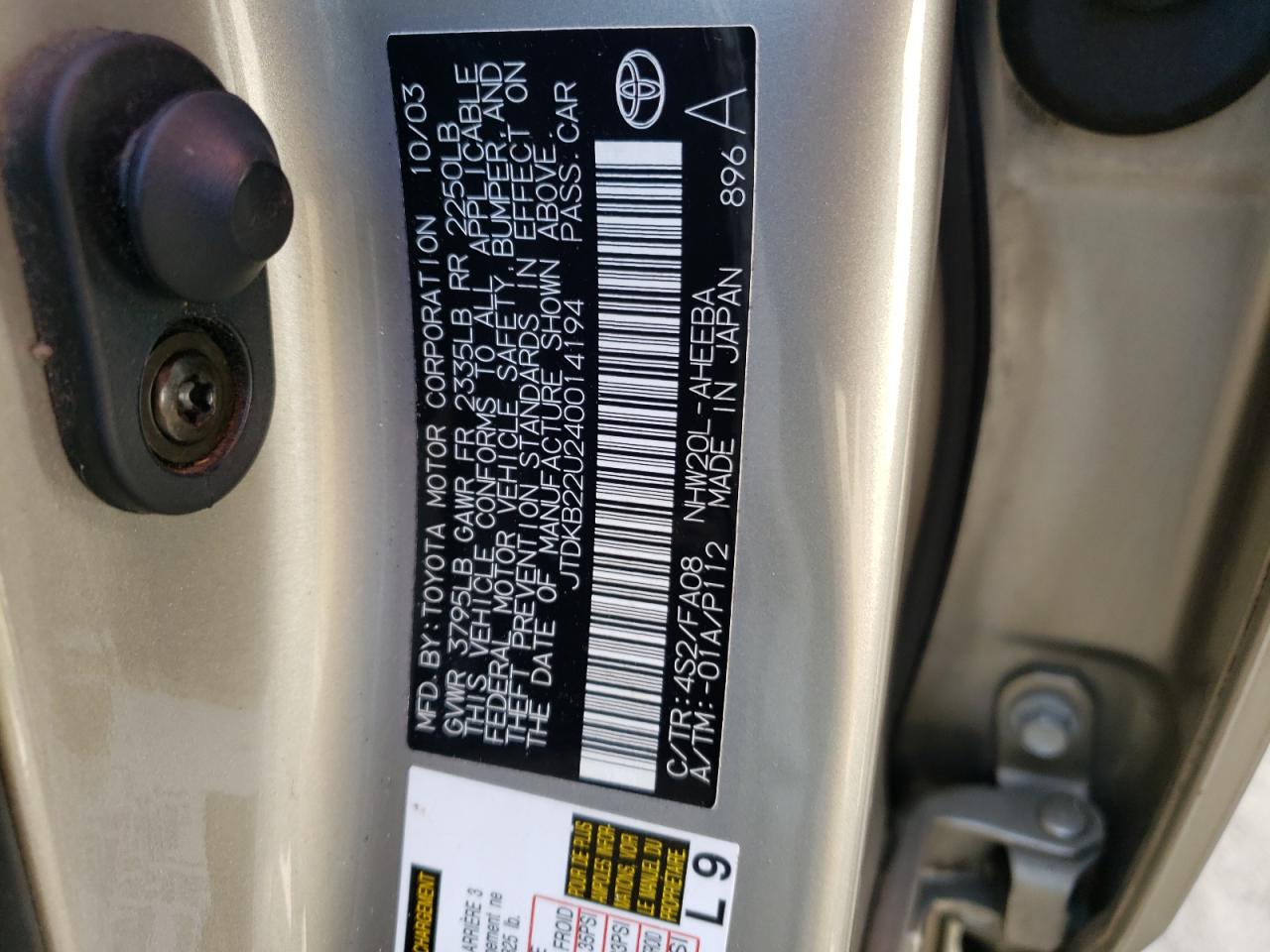 Photo 10 from auction – 2004 TOYOTA PRIUS with VIN JTDKB22U240014194