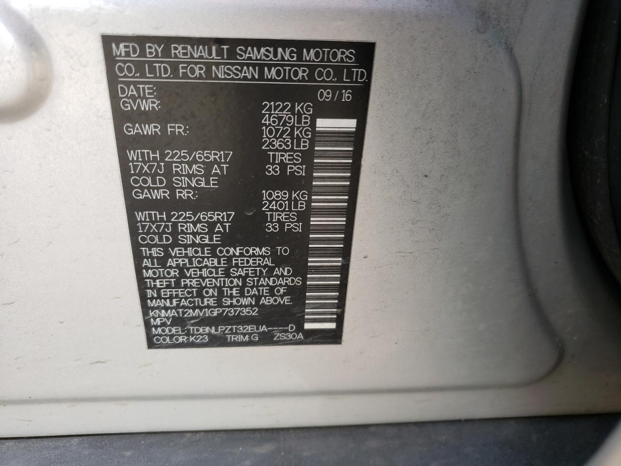 Photo 10 from auction – 2016 NISSAN ROGUE S with VIN KNMAT2MV1GP737352