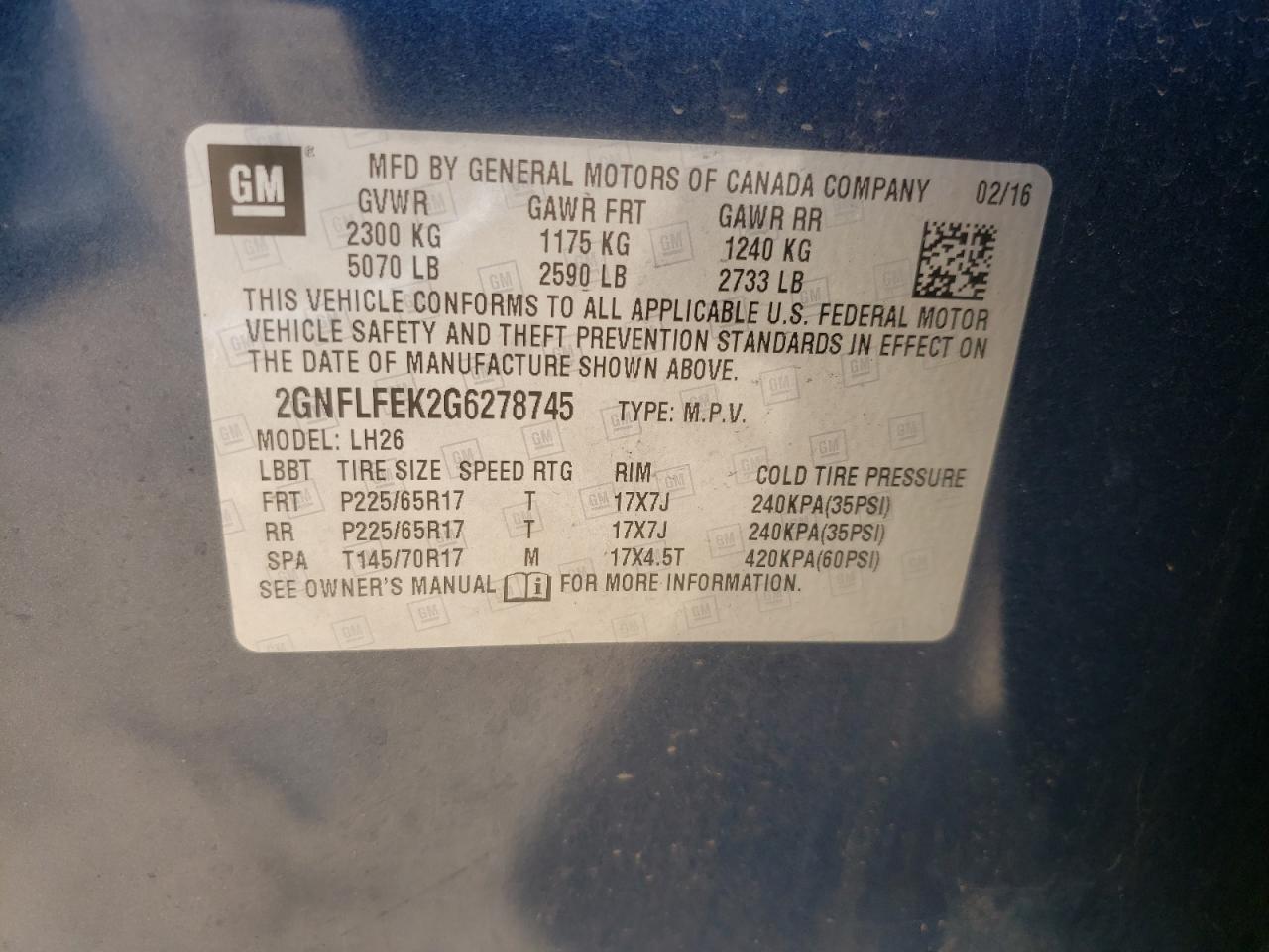 Photo 10 from auction – 2016 CHEVROLET EQUINOX LT with VIN 2GNFLFEK2G6278745
