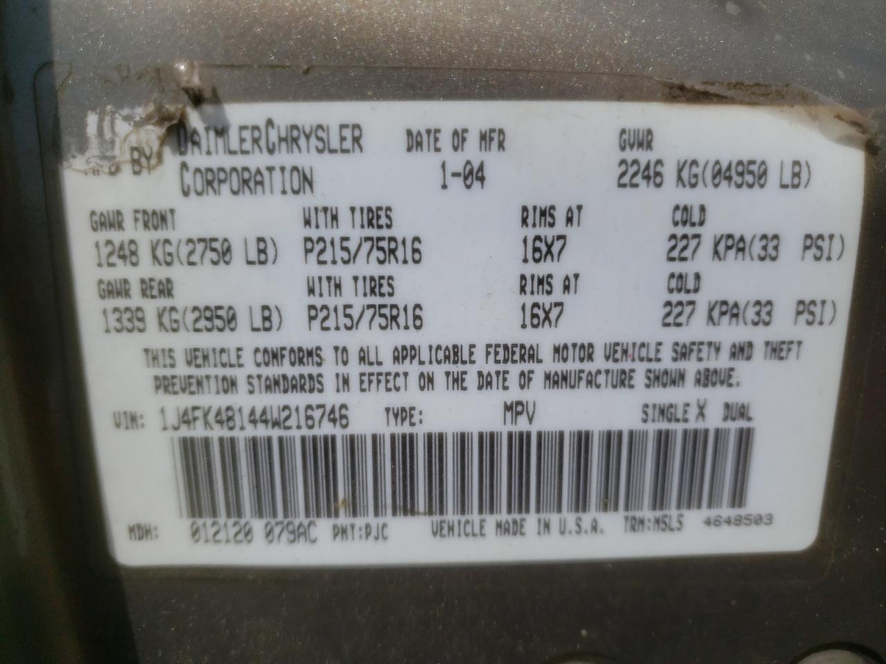 Photo 10 from auction – 2004 JEEP LIBERTY SP with VIN 1J4FK48144W216746