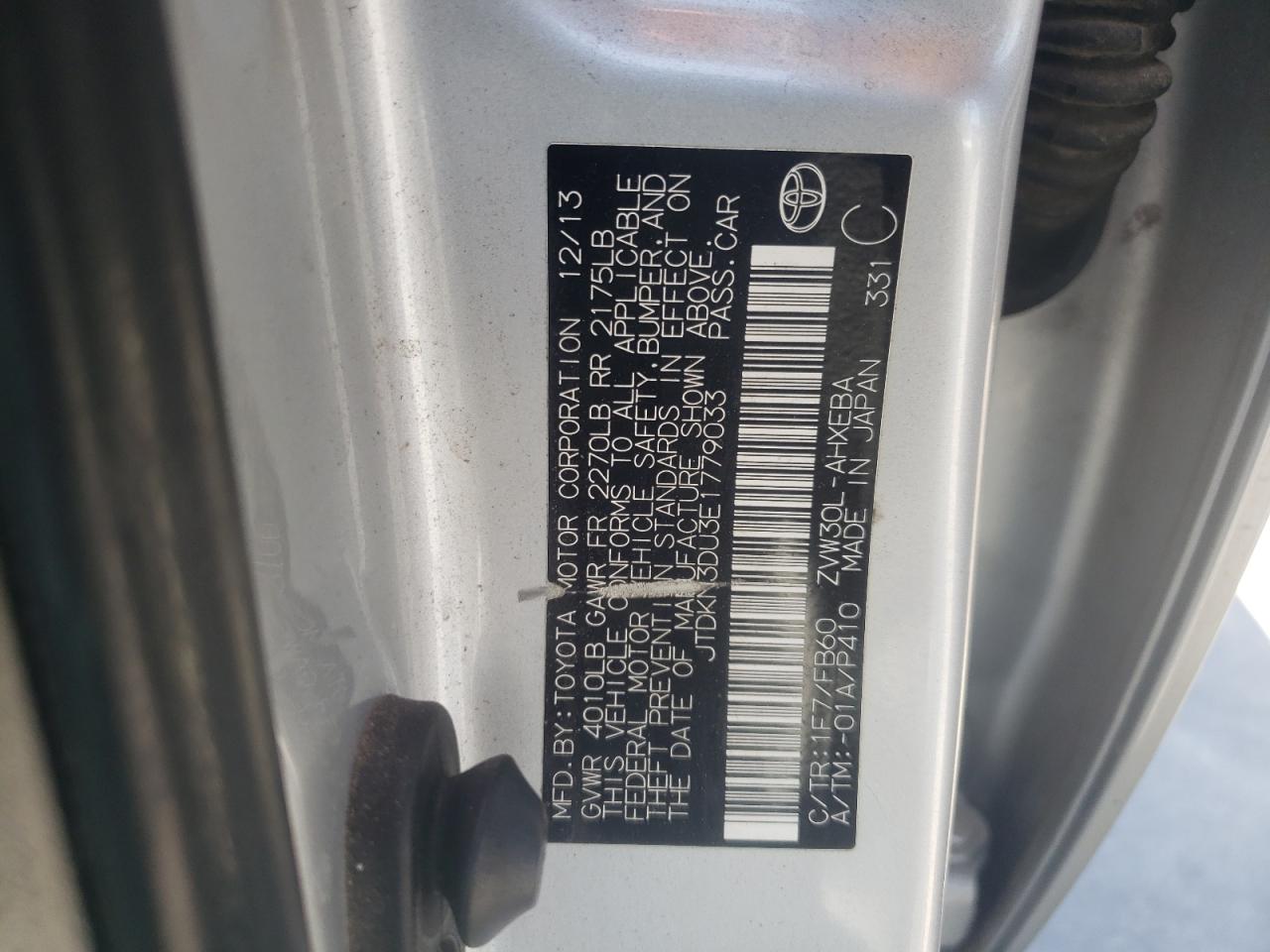 Photo 10 from auction – 2014 TOYOTA PRIUS with VIN JTDKN3DU3E1779033