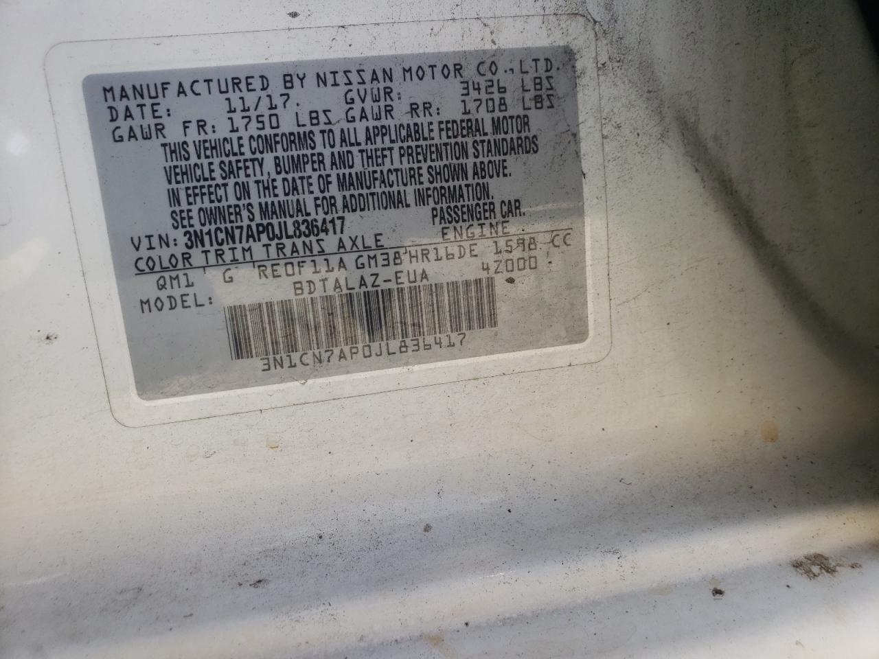 Photo 10 from auction – 2018 NISSAN VERSA S with VIN 3N1CN7AP0JL836417