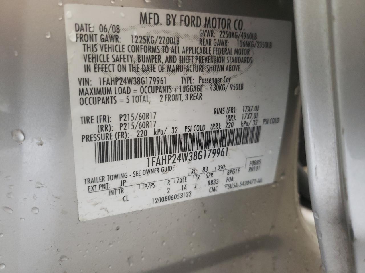 Photo 10 from auction – 2008 FORD TAURUS SEL with VIN 1FAHP24W38G179961