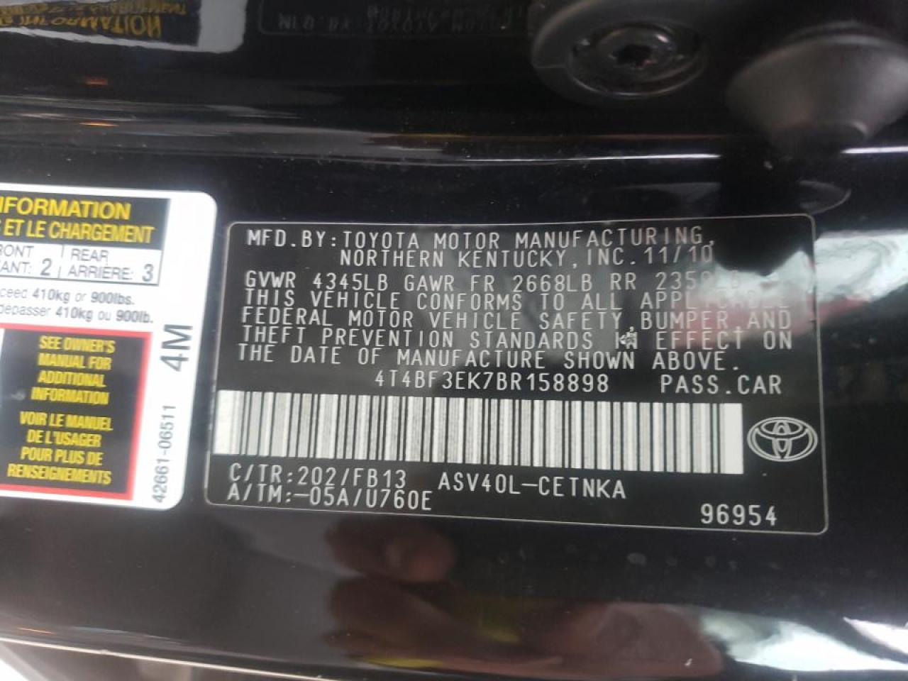 Photo 10 from auction – 2011 TOYOTA CAMRY BASE with VIN 4T4BF3EK7BR158898