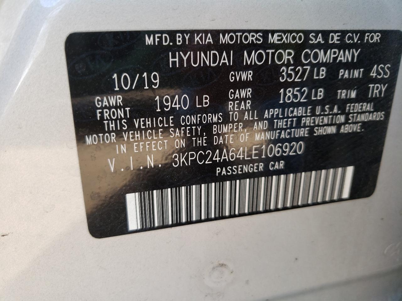 Photo 10 from auction – 2020 HYUNDAI ACCENT SE with VIN 3KPC24A64LE106920