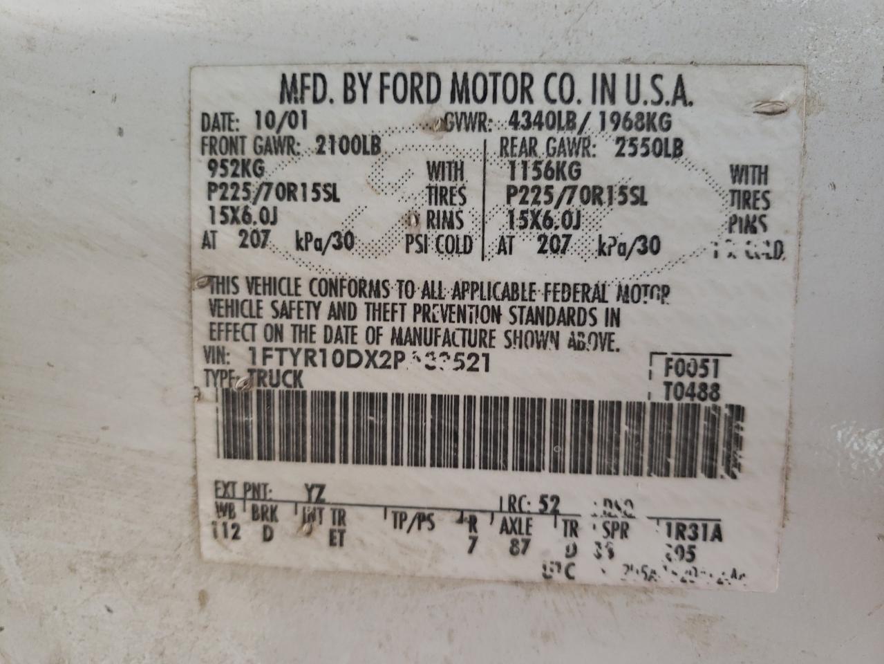 Photo 10 from auction – 2002 FORD RANGER with VIN 1FTYR10DX2PA33521