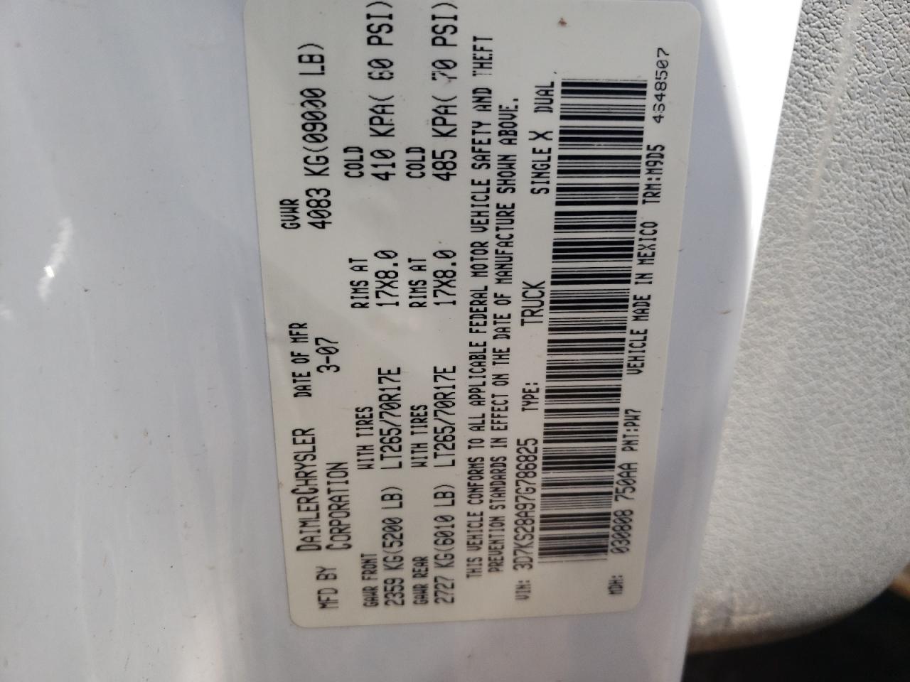 Photo 10 from auction – 2007 DODGE RAM 2500 S with VIN 3D7KS28A97G786825