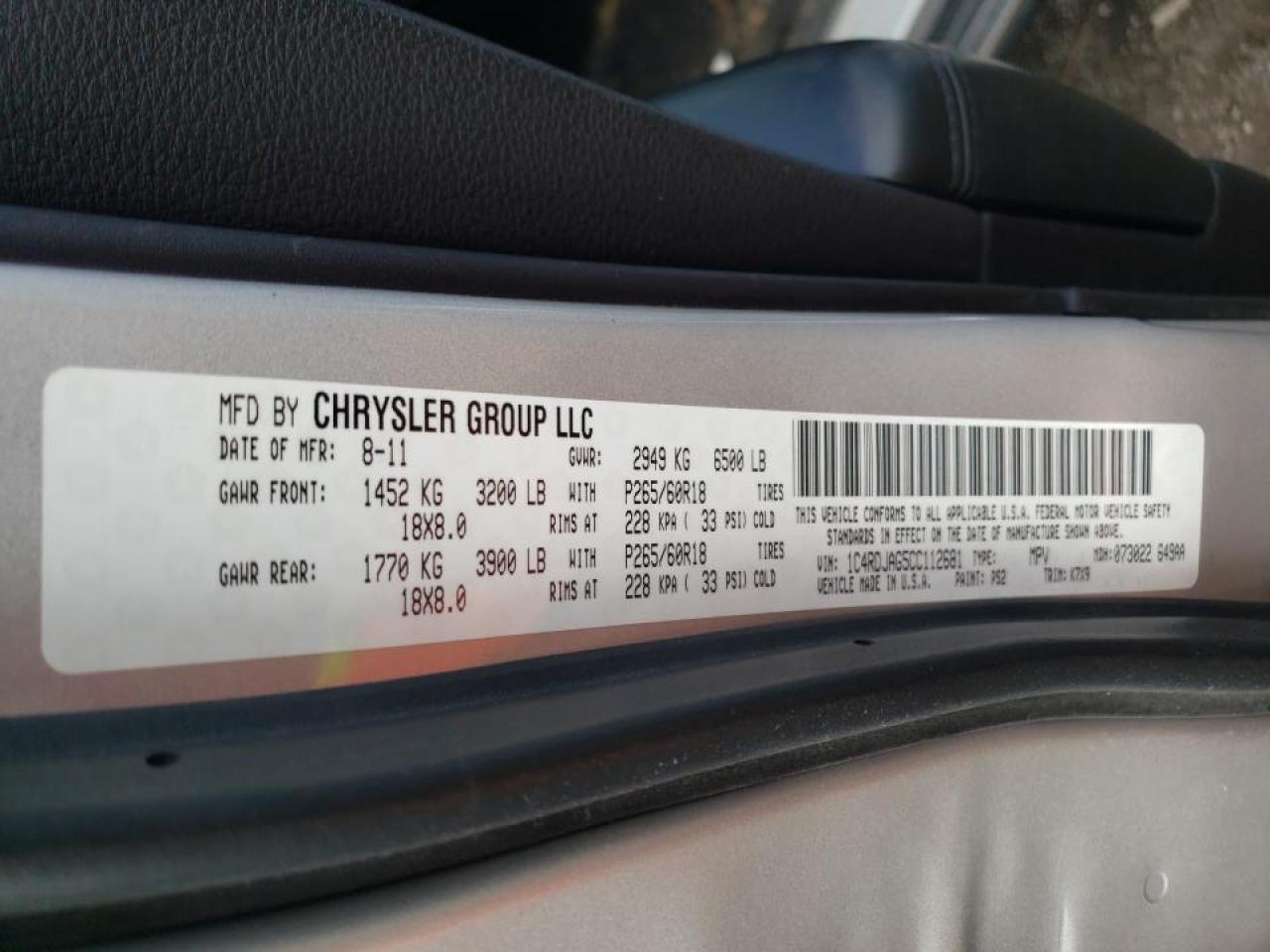 Photo 10 from auction – 2012 DODGE DURANGO SX with VIN 1C4RDJAG5CC112681