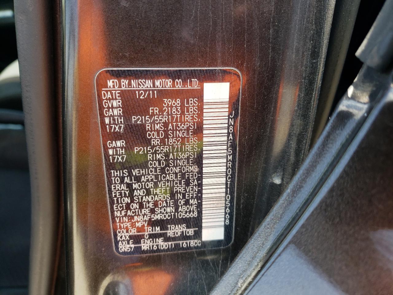 Photo 10 from auction – 2012 NISSAN JUKE S with VIN JN8AF5MR0CT105668