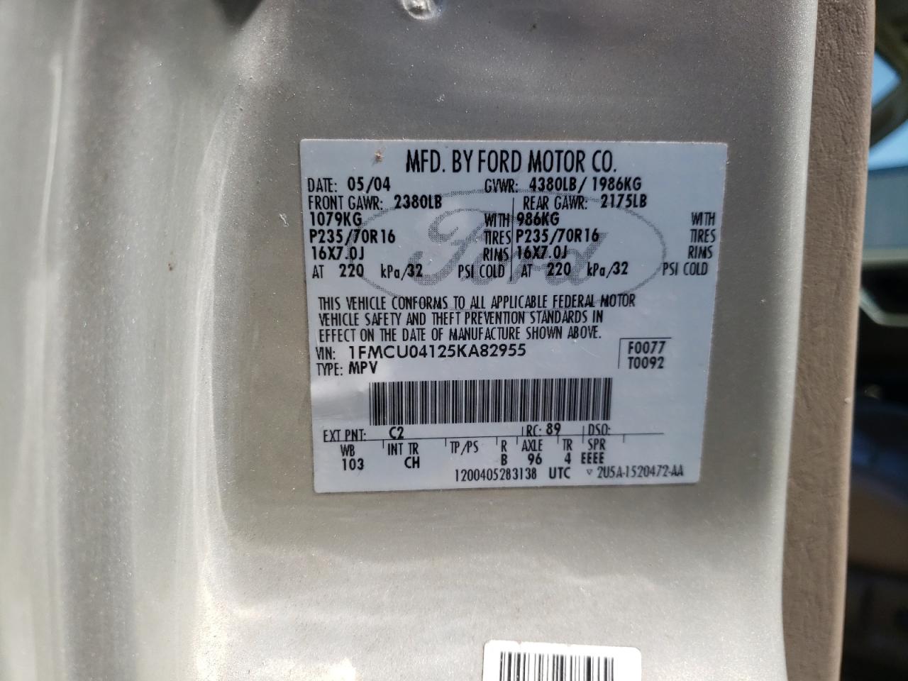 Photo 10 from auction – 2005 FORD ESCAPE LIM with VIN 1FMCU04125KA82955