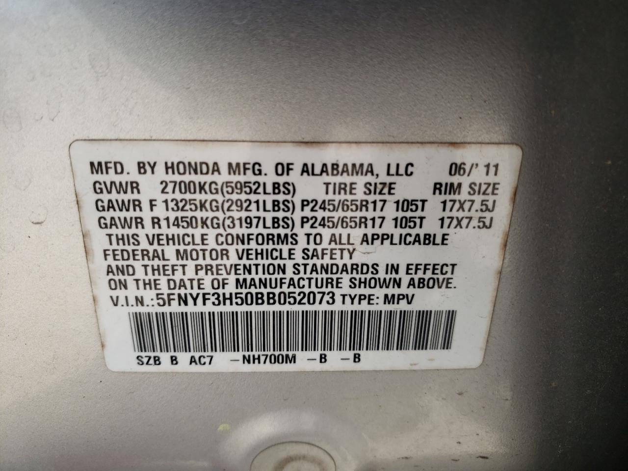 Photo 10 from auction – 2011 HONDA PILOT EXL with VIN 5FNYF3H50BB052073
