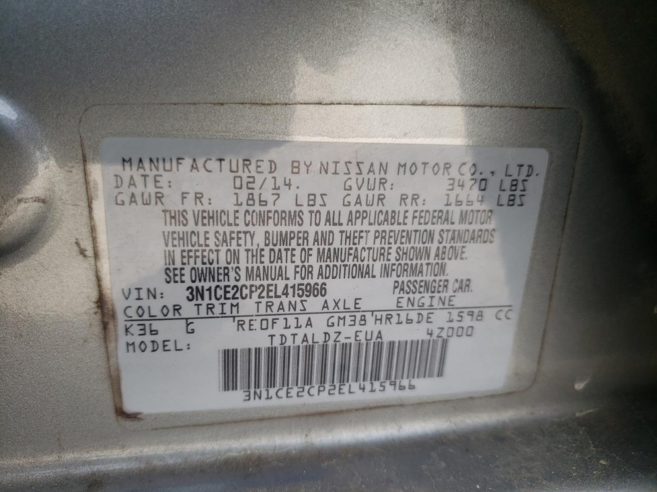 Photo 10 from auction – 2014 NISSAN VERSA NOTE with VIN 3N1CE2CP2EL415966