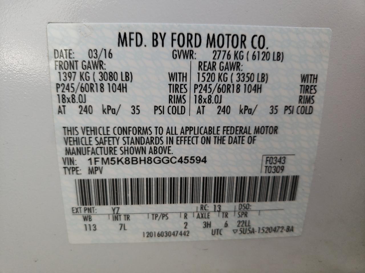 Photo 10 from auction – 2016 FORD EXPLORER with VIN 1FM5K8BH8GGC45594