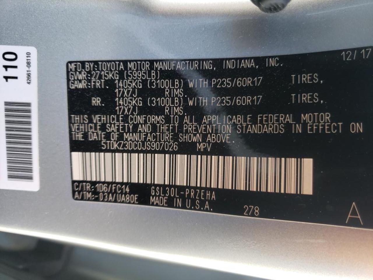 Photo 10 from auction – 2018 TOYOTA SIENNA LE with VIN 5TDKZ3DC0JS907026