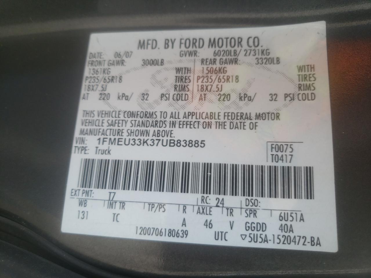 Photo 10 from auction – 2007 FORD EXPLORER S with VIN 1FMEU33K37UB83885