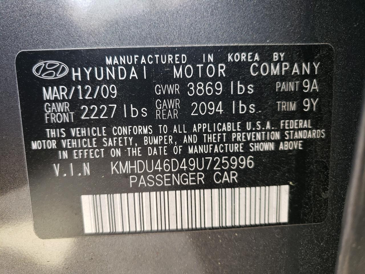 Photo 10 from auction – 2009 HYUNDAI ELANTRA with VIN KMHDU46D49U725996