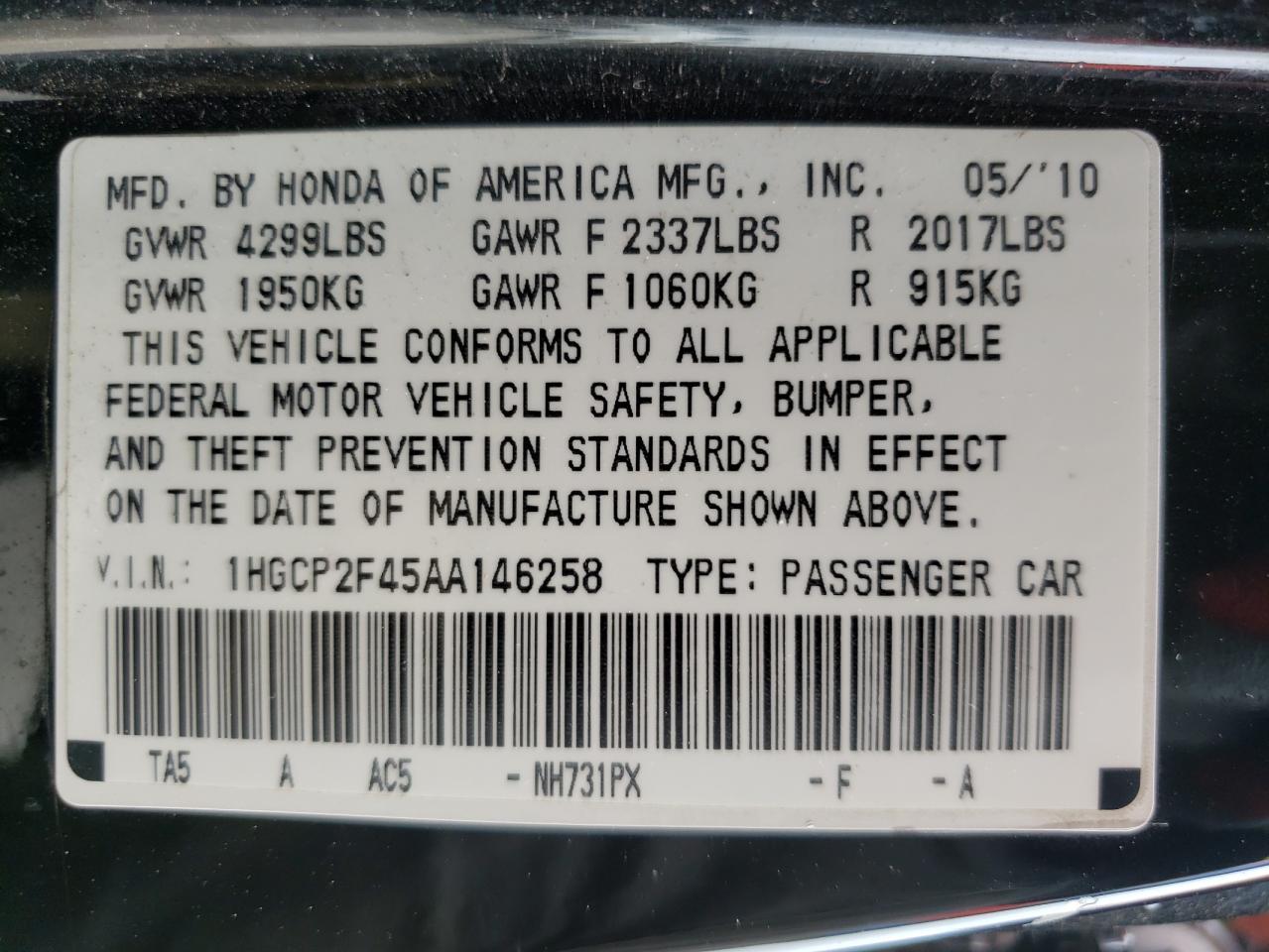 Photo 10 from auction – 2010 HONDA ACCORD LXP with VIN 1HGCP2F45AA146258