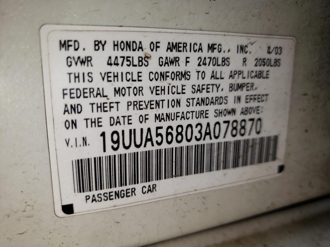 Photo 10 from auction – 2003 ACURA 3.2TL TYPE with VIN 19UUA56803A078870