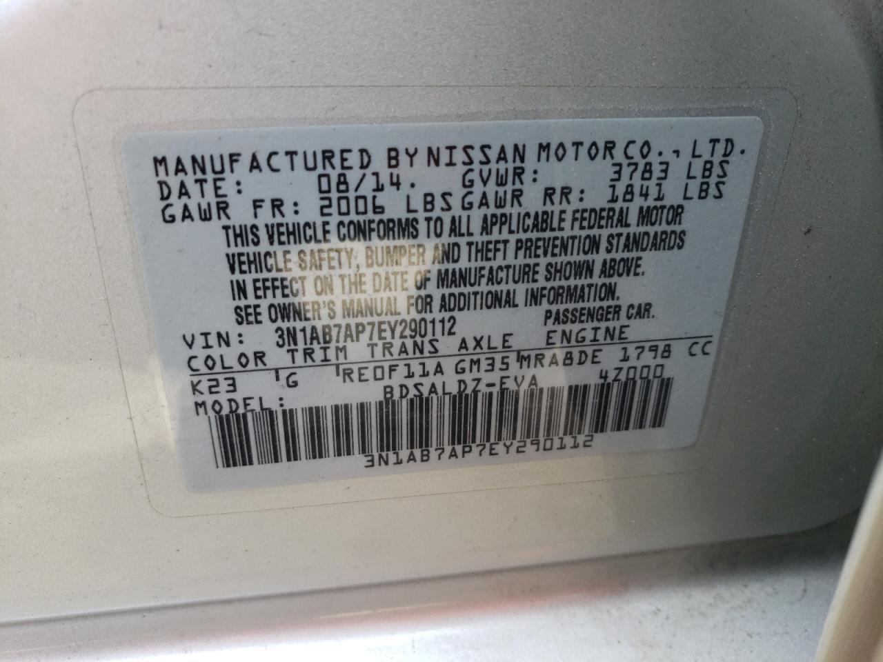 Photo 10 from auction – 2014 NISSAN SENTRA S with VIN 3N1AB7AP7EY290112