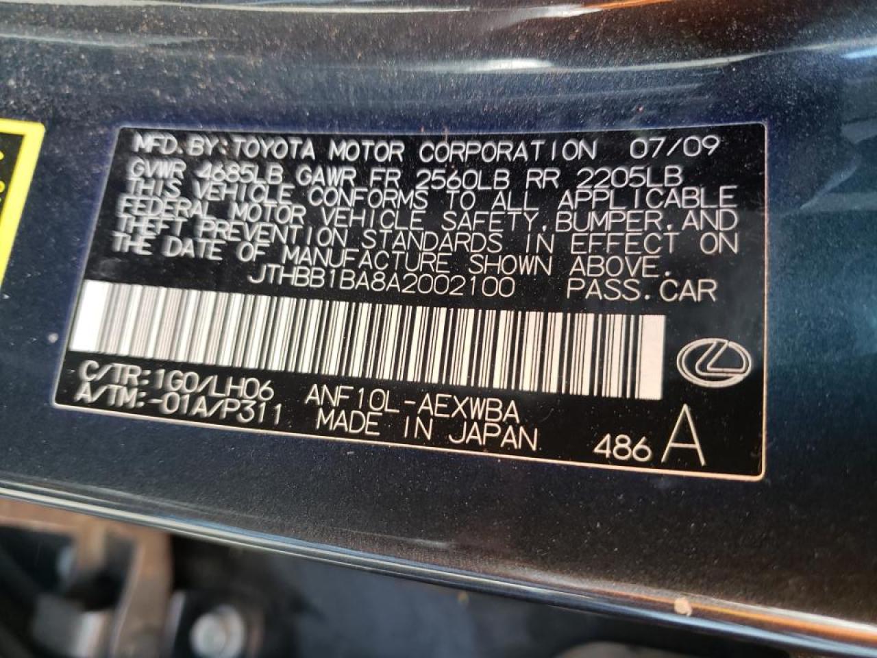 Photo 10 from auction – 2010 LEXUS HS 250H with VIN JTHBB1BA8A2002100