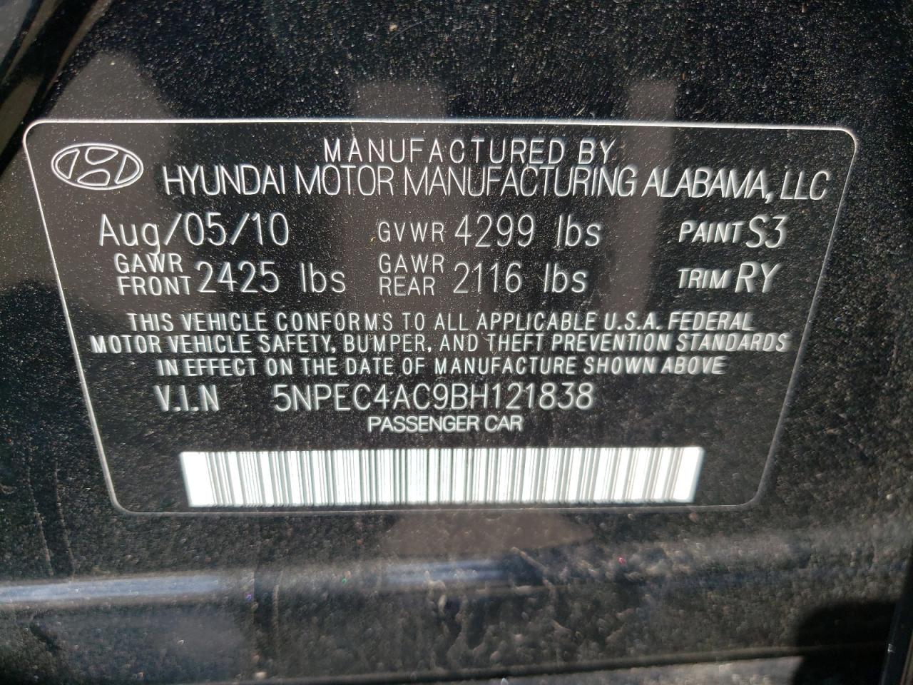 Photo 10 from auction – 2011 HYUNDAI SONATA SE with VIN 5NPEC4AC9BH121838