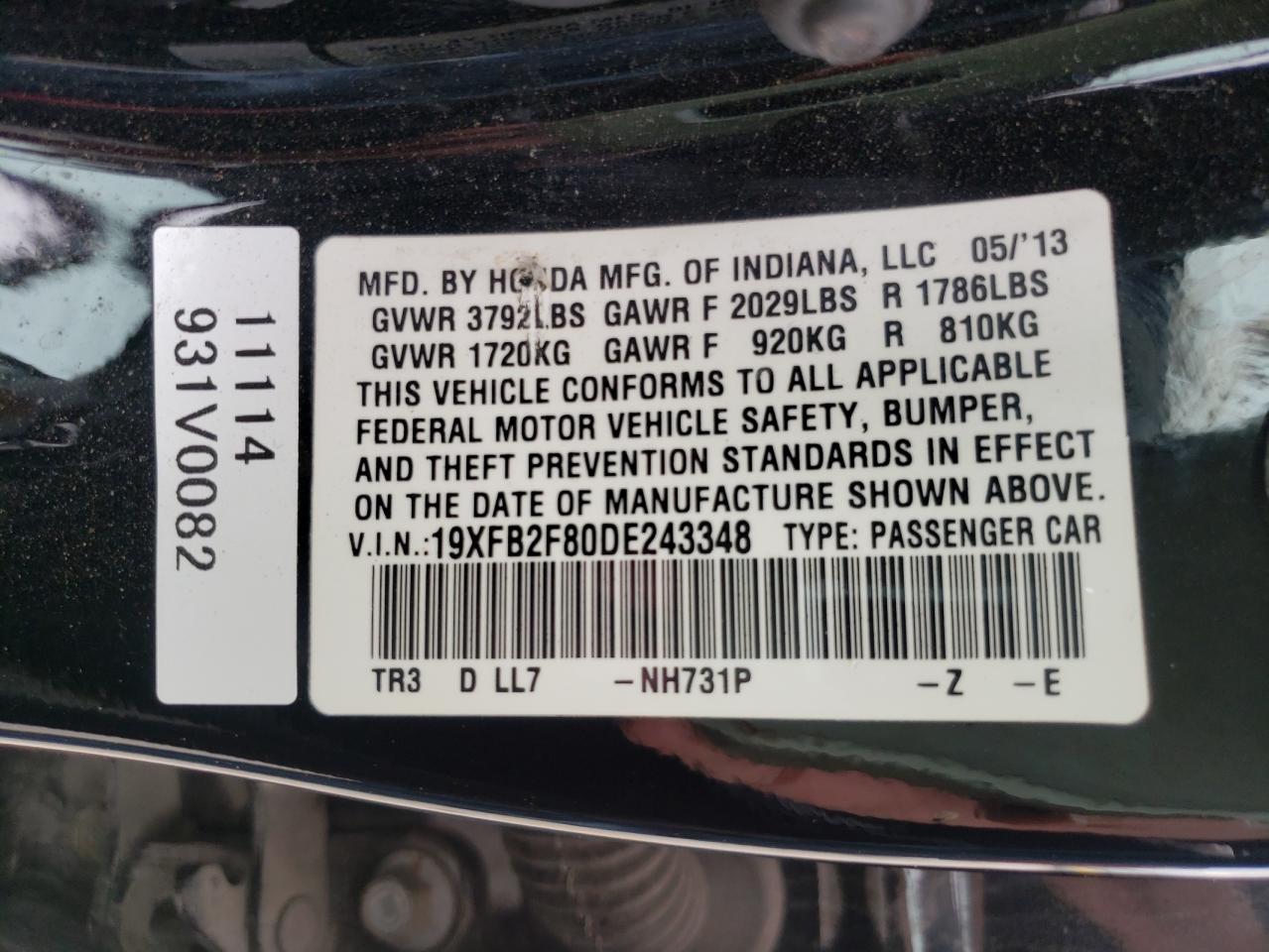 Photo 10 from auction – 2013 HONDA CIVIC EX with VIN 19XFB2F80DE243348