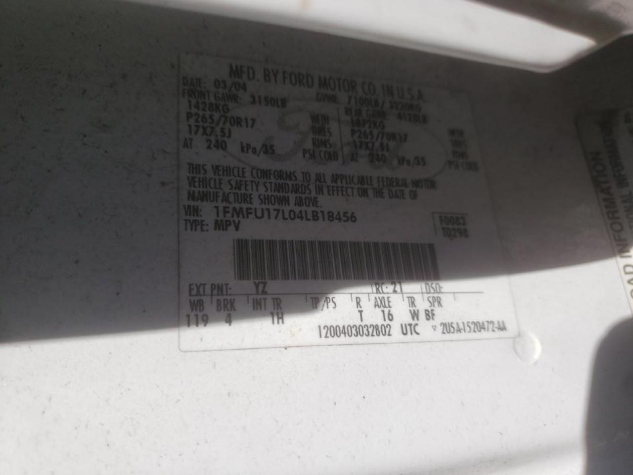 Photo 10 from auction – 2004 FORD EXPEDITION with VIN 1FMFU17L04LB18456