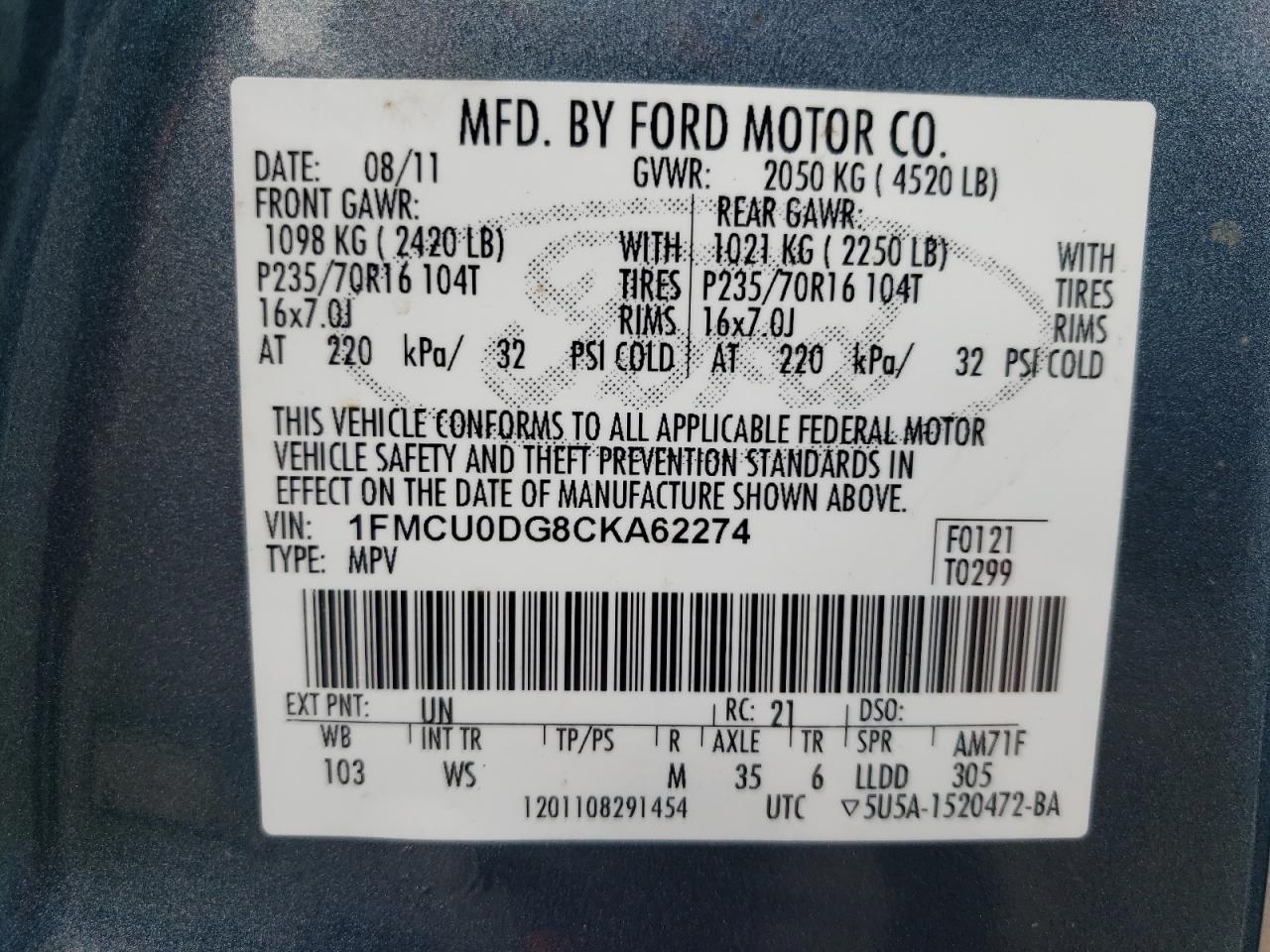 Photo 10 from auction – 2012 FORD ESCAPE XLT with VIN 1FMCU0DG8CKA62274