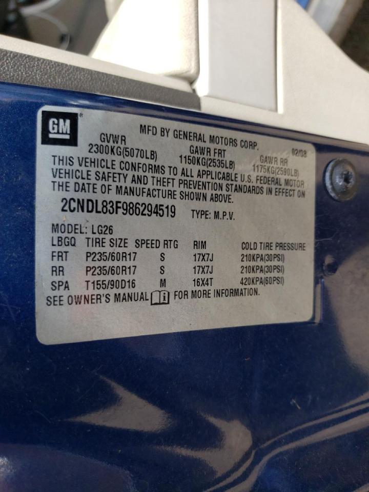 Photo 10 from auction – 2008 CHEVROLET EQUINOX LT with VIN 2CNDL83F986294519