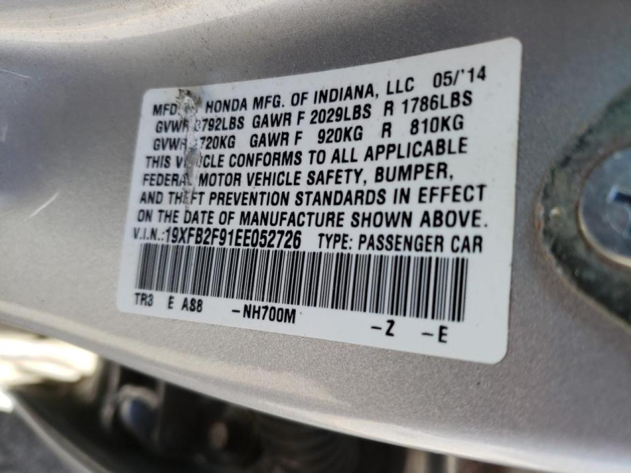 Photo 10 from auction – 2014 HONDA CIVIC EXL with VIN 19XFB2F91EE052726