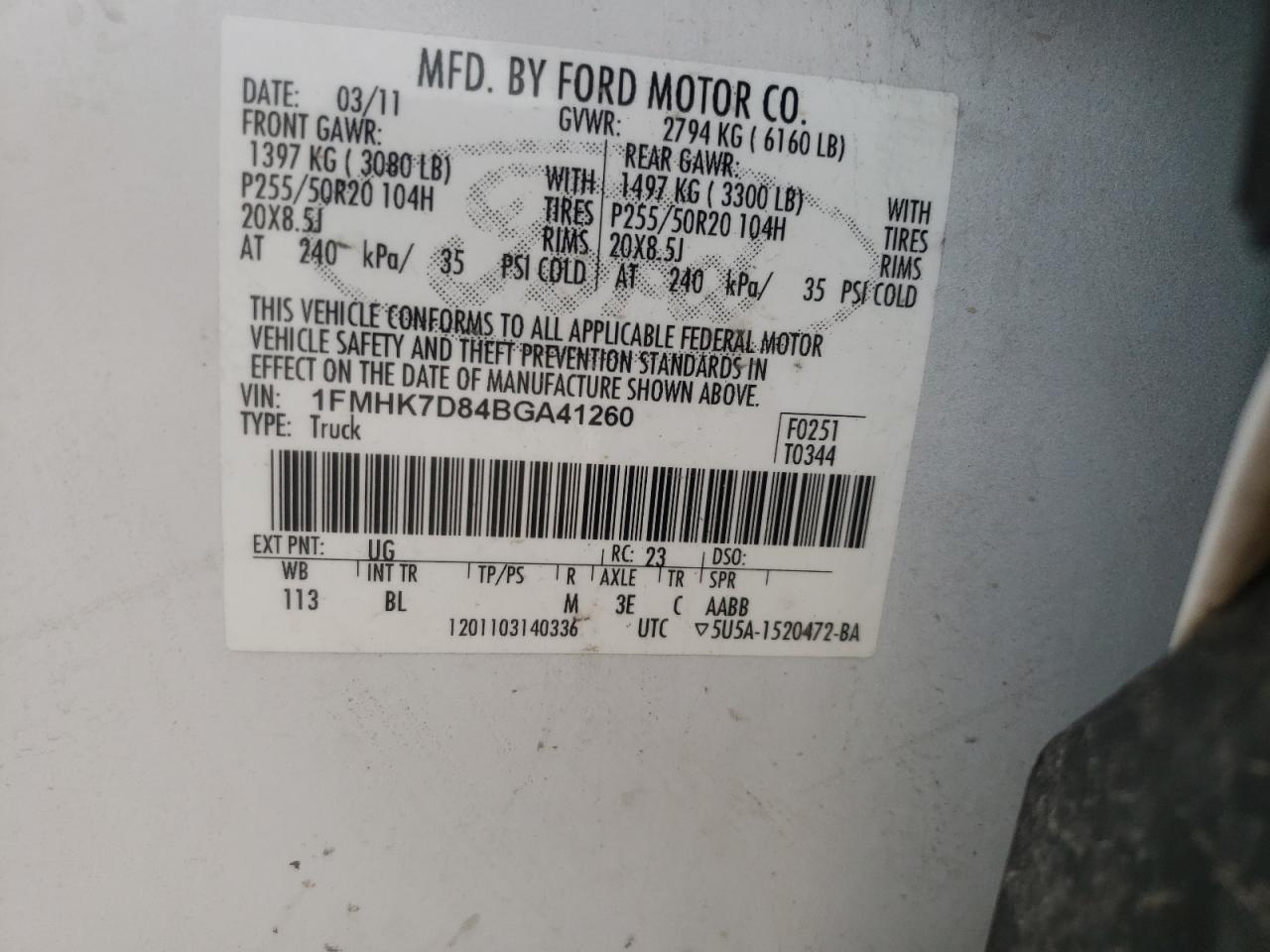 Photo 10 from auction – 2011 FORD EXPLORER X with VIN 1FMHK7D84BGA41260